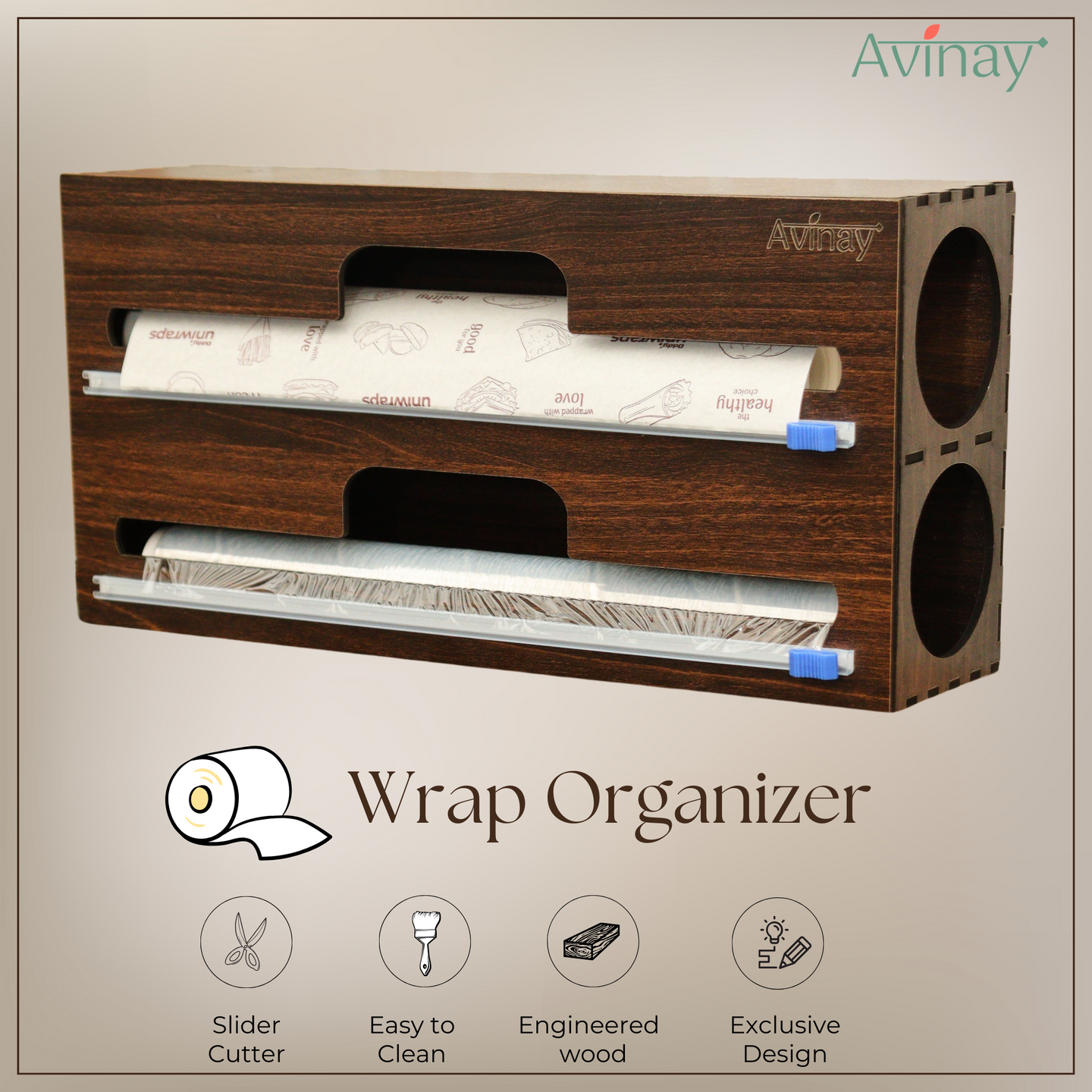 Wrap Organizer with cutter for Butter Paper, Aluminum Foil, Cling Wrap